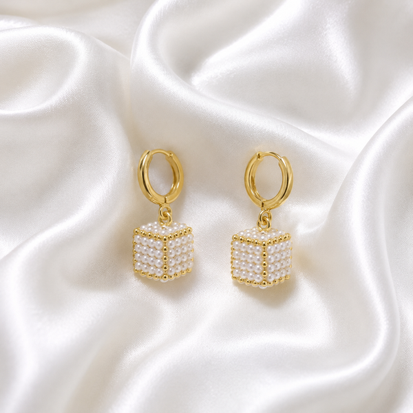 Micro Gold Pearl Cube Drop Hoop Earrings