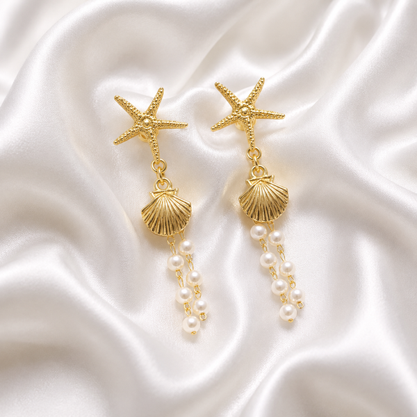 Gold Starfish Shell Pearl Tassel Drop Earrings