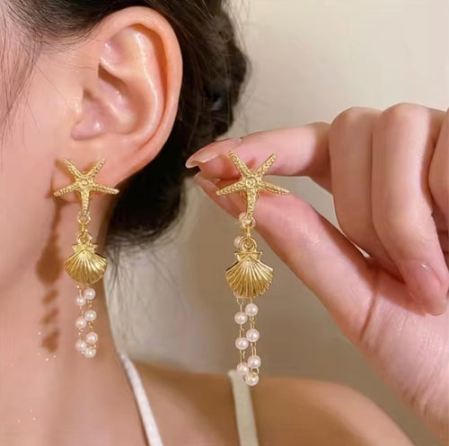 Gold Starfish Shell Pearl Tassel Drop Earrings